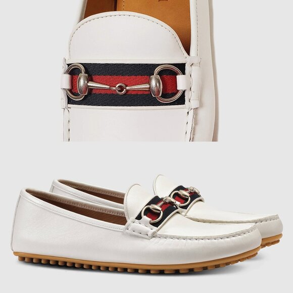 GUCCI SHOES MENS DRIVER MOCCASINS HORSEBIT WEB WHITE LEATHER sz 8.5G 9 - Picture 1 of 16